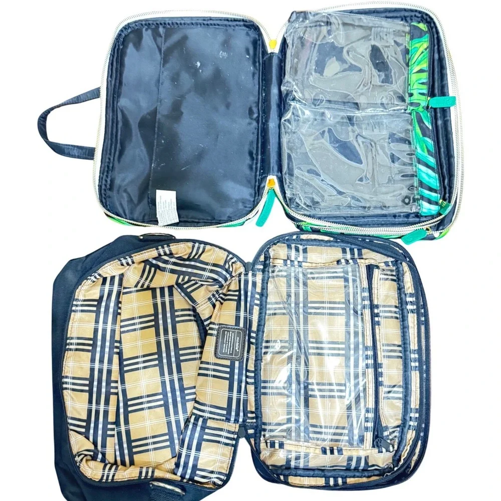 Modella Black Plaid & Tropical Palm Leaf Travel Toiletry Cosmetic Bag 2pc‎